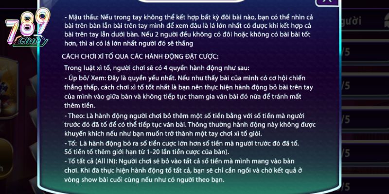 Trình tự ván đấu thông qua những hành động đặt kèo 
